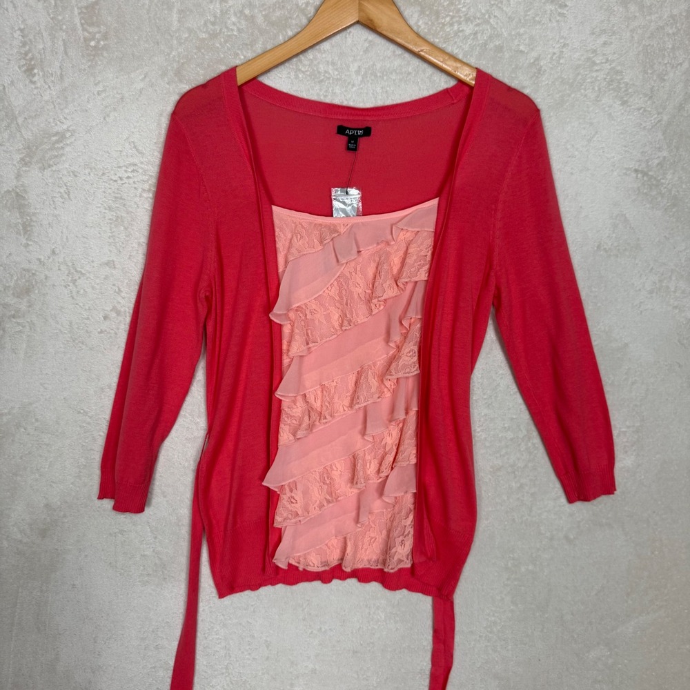 Y2K Pink Ruffle Lace Layered‎ Top Tie Waist Sheer Cardigan NWT McBling Chic